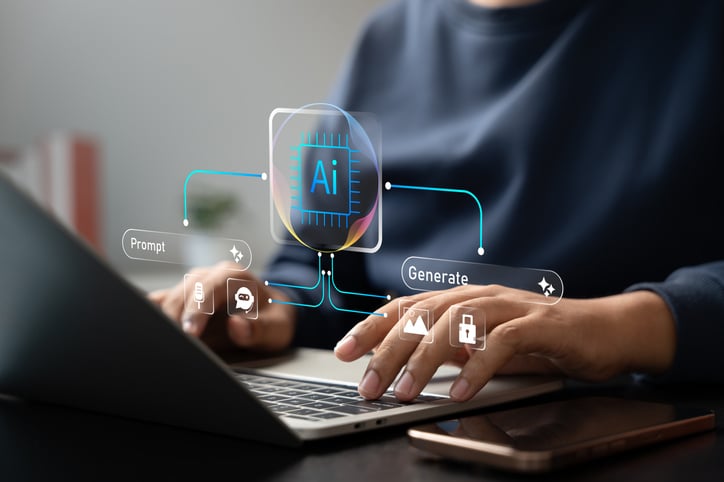 AI technology, Man using generative AI technology on laptop to create content from text prompts. Innovative artificial intelligence system generating images, text, and data through advanced algorithms Australia | AI Without the Hype: Turning Buzzwords into Business Wins